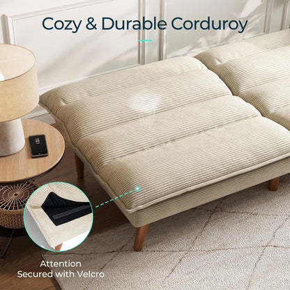 66" Futon Sofa Bed, Corduroy Futon Couch with 3-Position Adjustable Backrest, Solid Wood Legs, Convertible Small Sofa Bed for Living Room, Apartment, Dorm, Beige5