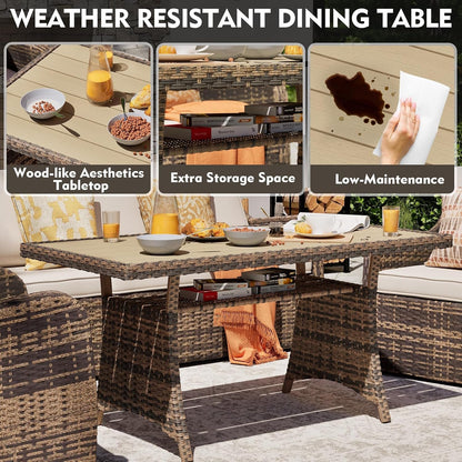 7 Pieces Outdoor Patio Furniture Set with Swivel Chairs, Wicker Patio Conversation Set, Patio Sectional Furniture Set with with Loveseat, 2 Ottomans and Dining Table (Brown)7