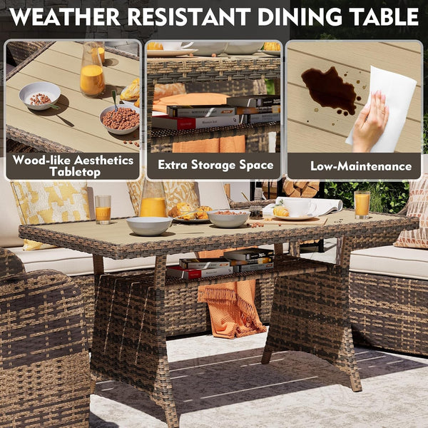 7 Pieces Outdoor Patio Furniture Set with Swivel Chairs, Wicker Patio Conversation Set, Patio Sectional Furniture Set with with Loveseat, 2 Ottomans and Dining Table (Brown)7