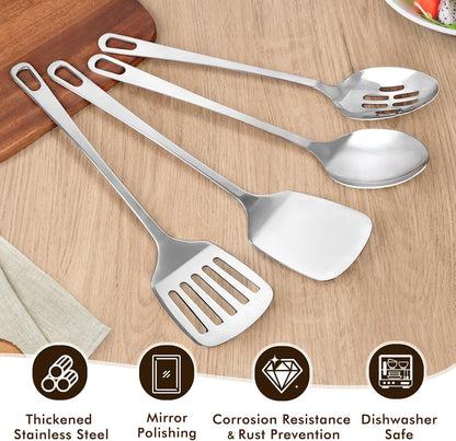 4 Pcs Cooking Utensils Set, Stainless Steel Kitchen Utensils, Heat Resistant Metal Kitchen Tools Include Solid & Slotted Turner Wok Spatula, Serving Spoon, Ergonomic Handle, Easy to Clean, Silver3