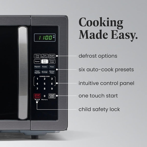 1.1 Cu. Ft. Countertop Microwave Oven – 1000 Watts Power, Auto Cook Settings, Defrost, Easy Clean and Child Safety Lock - Stainless and Black3