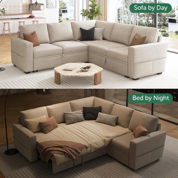 Modular Sectional Sleeper Sofa with Pull Out Bed, L Shaped Couch with Storage Seat, Convertible Sectional Couches for Living Room, Beige3