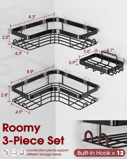 Corner Shower Caddy, Large, 3-Pack, Soap Holder & Hooks, Black3