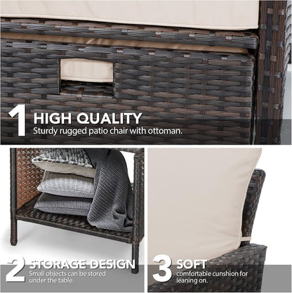 Balcony Furniture 5 Piece Patio Conversation Set, PE Wicker Rattan Outdoor Lounge Chairs with Soft Cushions 2 Ottoman&Glass Table for Porch, Lawn-Brown Wicker8