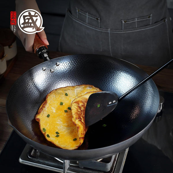 12.6-Inch Hand-Hammered Wrought Iron Wok, round Bottom | 99.8% Iron Content, 4.1-Inch Deep Bowl, Seasoning-Ready Surface, Fish-Scale Texture, Grooved Sapele Handle7