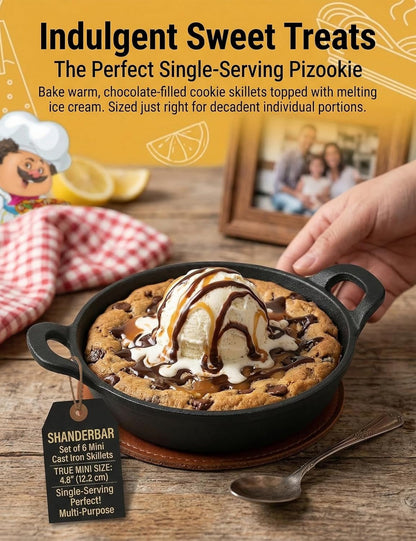 Set of 6 Mini Cast Iron Skillets with Handle, 4.8 X 4.8 X 1.3 Inch | Small Cast Iron Pan, Mini Ramekins round Black Casserole Dish for Food Serving, Frying, Baking, Cooking & Roasting2