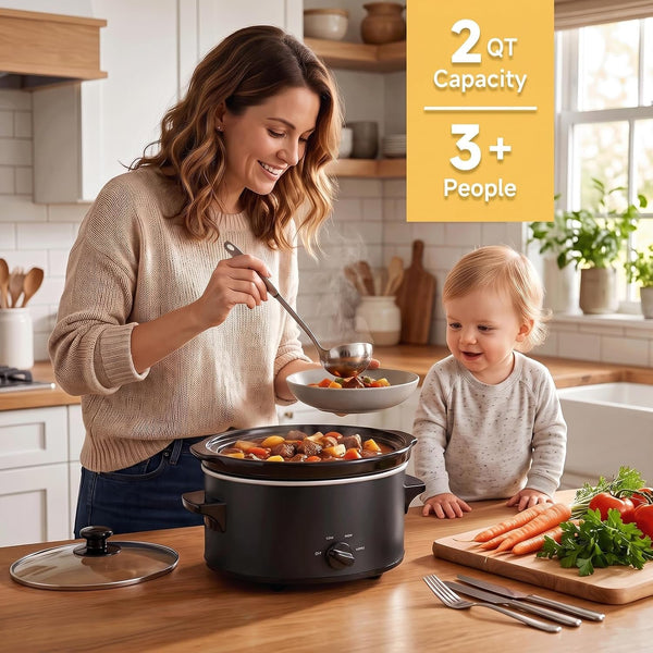 2 Qt Small Slow Cooker for 3+ Peoples-Black | Oval,Dishwasher Safe,Low High Warm 3 Heat Modes,Stainless Steel Cooker,Ceramic Pot,Non-Toxic2