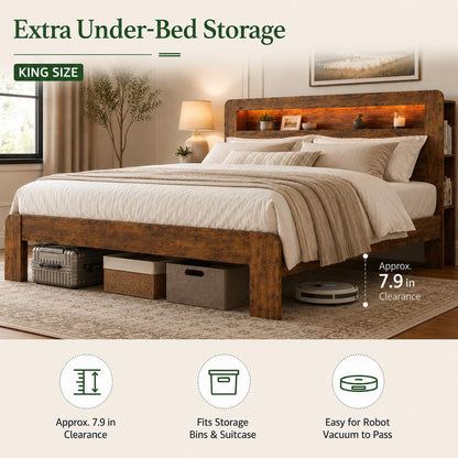 King Bed Frame Wood Platform with Storage Headboard LED USB No Box Spring4