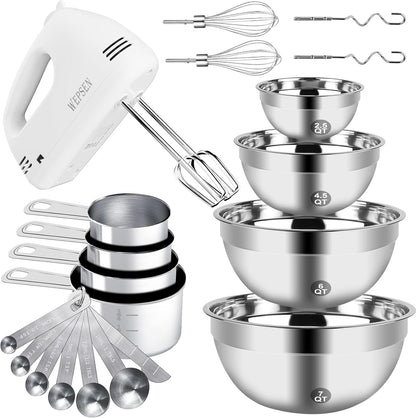 Hand Mixer Electric Mixing Bowls Set, 5 Speeds Handheld Mixer with 4 Nesting Stainless Steel Mixing Bowl, Measuring Cups Spoons 200W Kitchen Blender Whisk Beater Baking Supplies for Beginner1