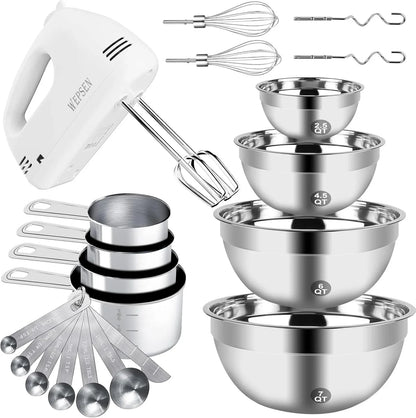 Hand Mixer Electric Mixing Bowls Set, 5 Speeds Handheld Mixer with 4 Nesting Stainless Steel Mixing Bowl, Measuring Cups Spoons 200W Kitchen Blender Whisk Beater Baking Supplies for Beginner1