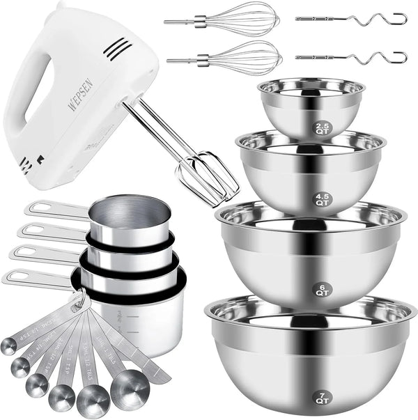 Hand Mixer Electric Mixing Bowls Set, 5 Speeds Handheld Mixer with 4 Nesting Stainless Steel Mixing Bowl, Measuring Cups Spoons 200W Kitchen Blender Whisk Beater Baking Supplies for Beginner1