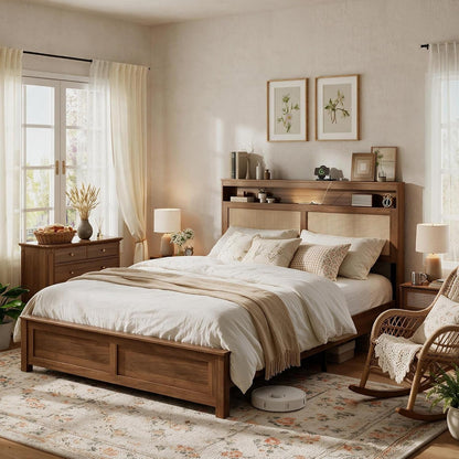Queen Bed Frame with Natural Rattan Headboard, Brown7