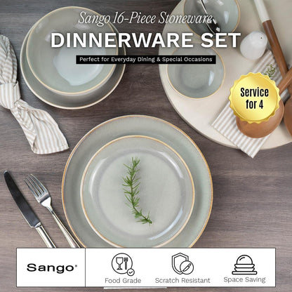 16-Piece Stoneware Dinnerware Set for 4, Glossy Cream/Green Big Dinner Plates and Bowls Sets with Reactive Glaze, Ceramic Dish Set, Modern Dishes, Microwave & Dishwasher Safe, Resona Moss2