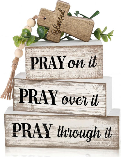 4 Pcs Christian Table Decor Wooden Cross Wooden Bible Verse Sign | Inspirational Religious Christian Centerpiece,Farmhouse Tiered Tray Decorations, Wooden Pray Block Signs, Faith-Inspired1