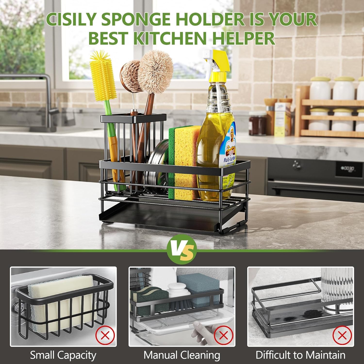 sink-caddy-sponge-holder-for-kitchen-with-brush-holder-and-stainless-steel-self-drain-tray-rustproof-kitchen-sink-organizer-for-sponge-soap-dispenser-storage-accessories