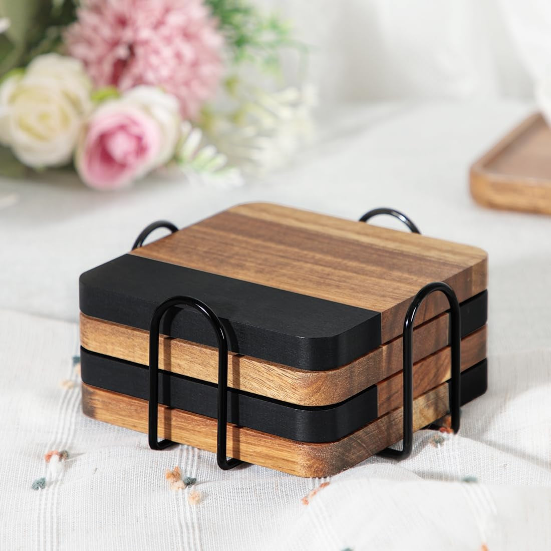 black-marble-wood-coasters-with-holder-for-drinks-set-of-4-square-non-slip-wooden-stone-coaster-coffee-table-accessories-manly-coaster-for-men-coffee-table-bar-office-rustic-modern
