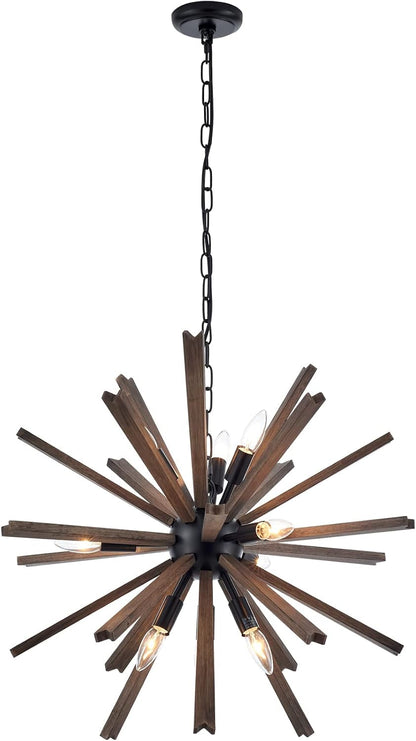 9-Light Sputnik Pendant Light Black, Farmhouse Wood Chandelier for Dining Room Industrial Hanging Light Fixture Ceiling for Bedroom Entryway Kitchen Foyer Living Room9