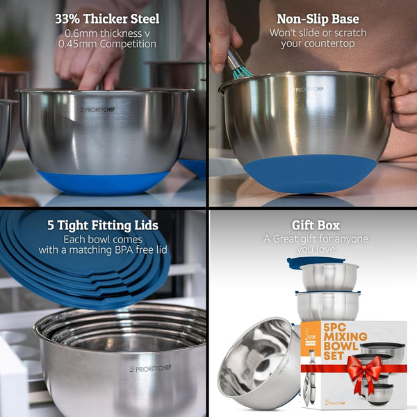 Premium Mixing Bowls with Airtight Lids Set, Thicker Stainless Steel Mixing Bowl Set, Large Prep Metal Bowls with Lids, Nesting Bowls for Kitchen, 1.5/2/3/4/5 Qrt, Blue2