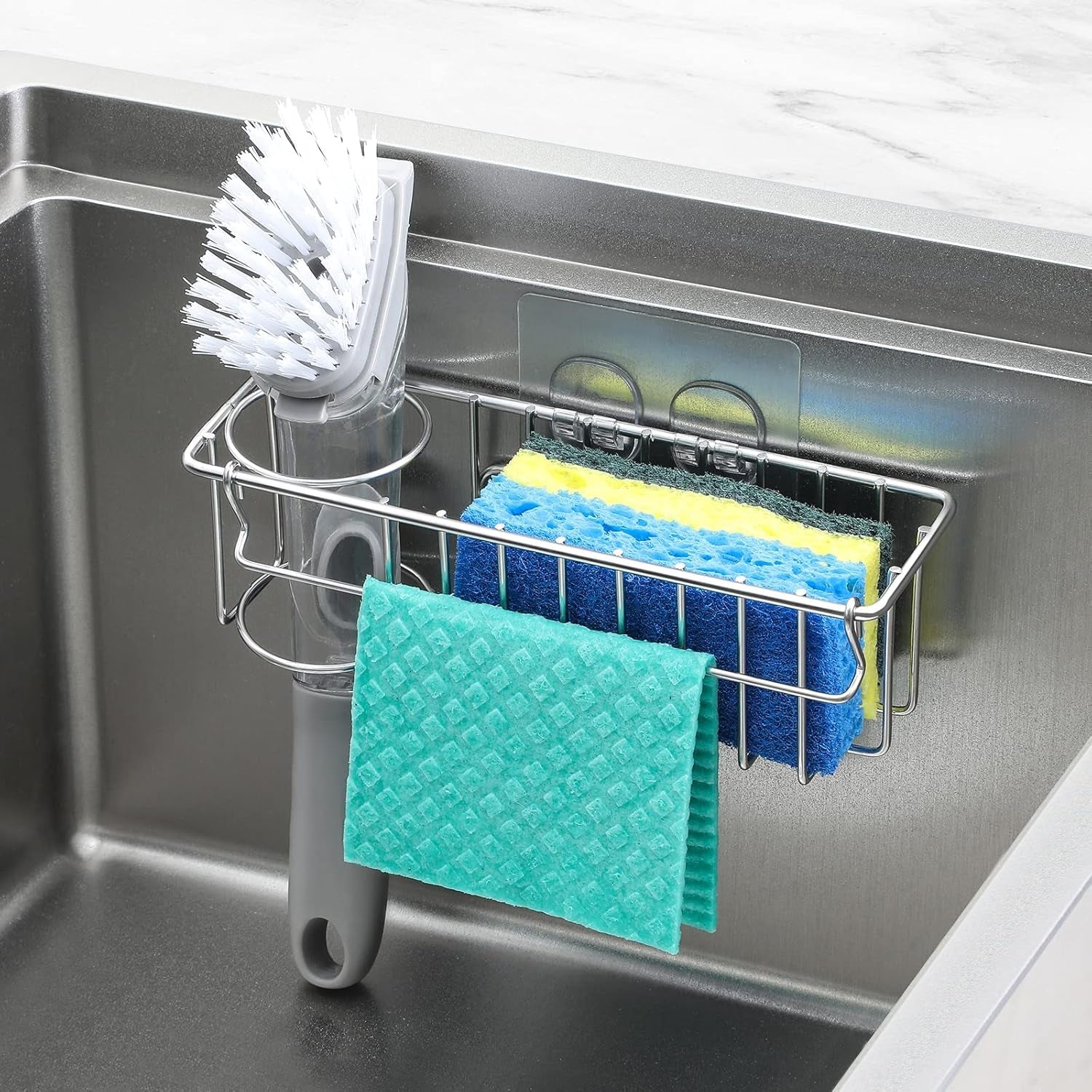 3-in-1-sponge-holder-for-kitchen-sink-with-suction-cups-adhesive-hook-in-sink-sponge-holder-wall-hanging-sink-caddy-organizer-rack-sponge-dish-cloth-brush-scrubber-304-stainless-steel