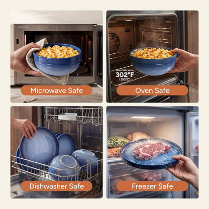 Stoneware Dinnerware Set for 4, 12 Pcs Plates and Bowls Set, Blue2