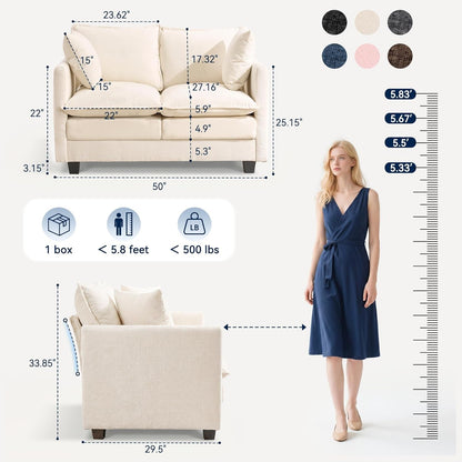 Loveseat Sofa Couch, Small Mini Compact 50" Love Seat 27" Deep Cloud Sofa Seat Washable Chenille Pillow for Apartment Bedroom Dorm Attic Studio Office Living Room Small Space 50-Beige2