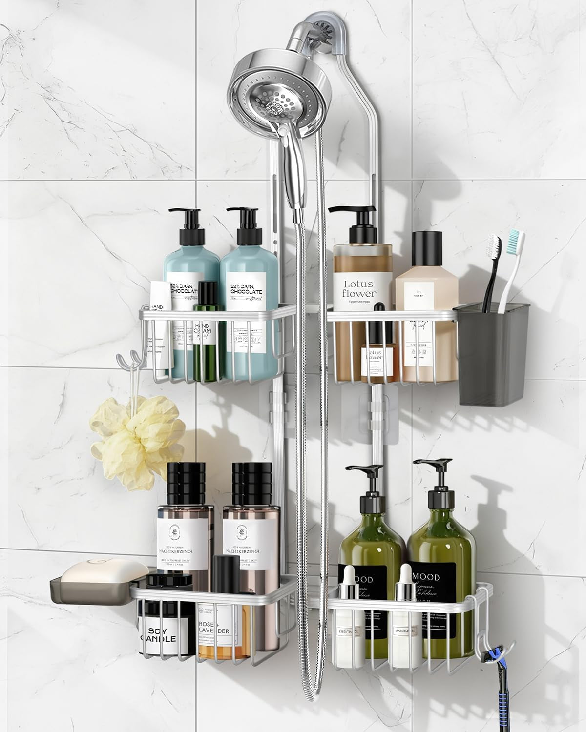 adjustable-shower-caddy-hanging-for-handheld-showerheads-never-rust-shower-hanging-organizer-upgraded-bathroom-shower-rack-with-soap-basket-hooks-and-toothbrush-holder-silver