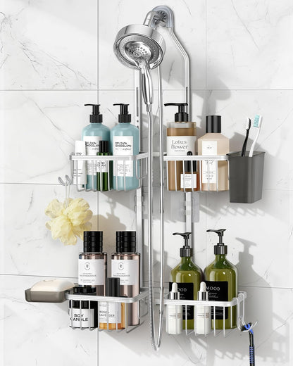 Adjustable Shower Caddy Hanging for Handheld Showerheads - Never Rust Shower Hanging Organizer, Upgraded Bathroom Shower Rack with Soap Basket, Hooks and Toothbrush Holder (Silver)1
