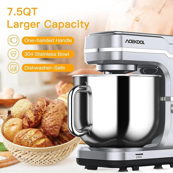 7.5 QT Stand Food Mixer, 10-Speed Tilt Head 3 In-1 Kitchen Electric Mixer with Stainless Steel Bowl, Egg Whisk, Dough Hook, Beater, Splash Guard, Compact Dough Mixer for Home Cooks, Silver3
