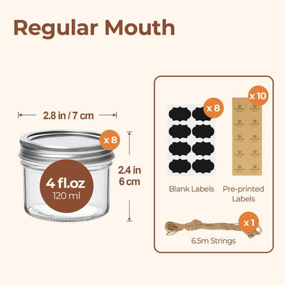 Mini Mason Jars 4 Oz, 8 Pack Regular Mouth Glass Jars with Lids | Bpa-Free Materials, Spice Rack, Small Jam, Honey Samples, Wedding Favors, DIY Candles, Labels and Twine2