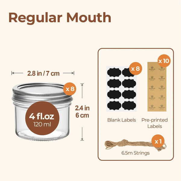 Mini Mason Jars 4 Oz, 8 Pack Regular Mouth Glass Jars with Lids | Bpa-Free Materials, Spice Rack, Small Jam, Honey Samples, Wedding Favors, DIY Candles, Labels and Twine2