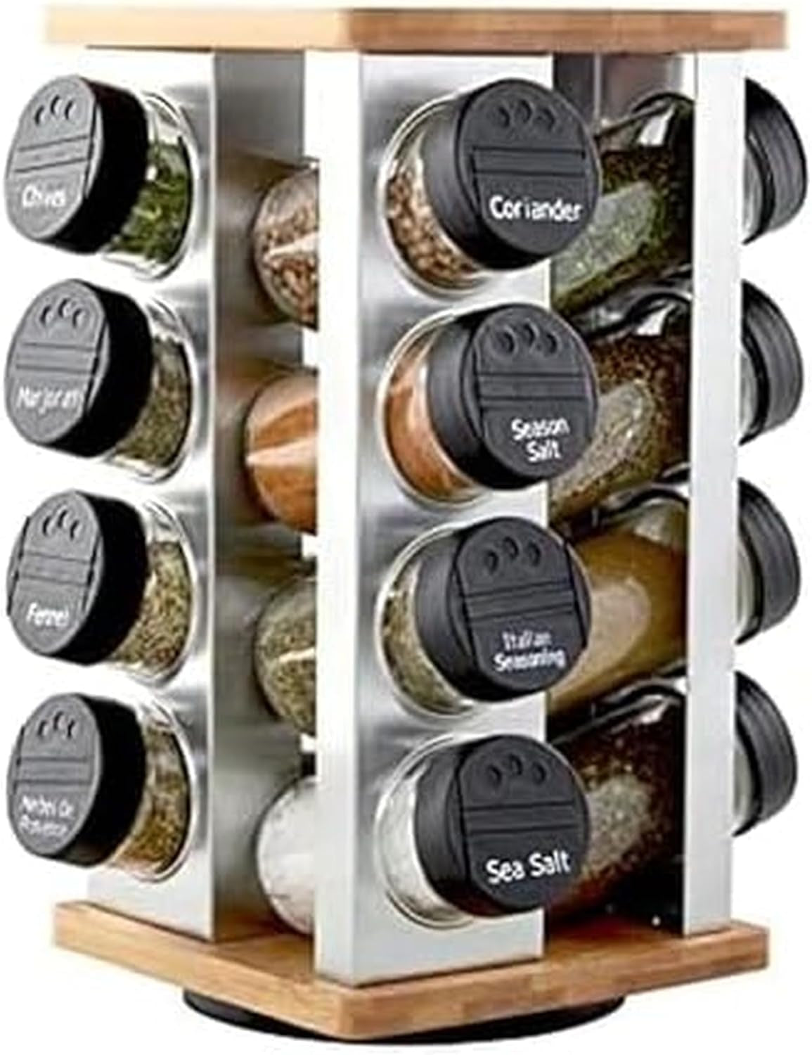 16-jar-warner-revolving-countertop-spice-rack-organizer-with-lift-pour-caps-and-spices-included-free-spice-refills-for-5-years-stainless-steel-bamboo-with-black-caps