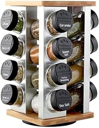 16 Jar Warner Revolving Countertop Spice Rack Organizer with Lift & Pour Caps and Spices Included, FREE Spice Refills for 5 Years, Stainless Steel & Bamboo with Black Caps1