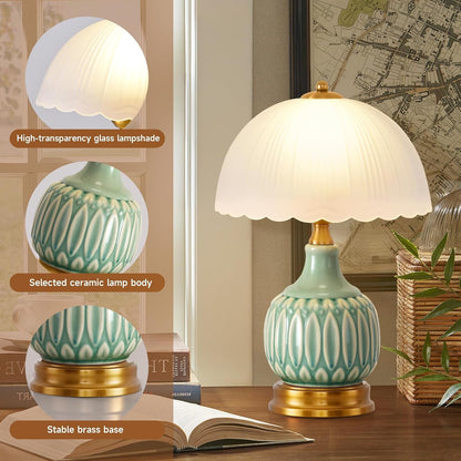 Table Lamps Ceramic Retro Lamp for Living Room,15." Modern Bedside Nightstand Traditional Lamps, Classic Chinoiserie Green Glass Lamp for Home (Retro)8