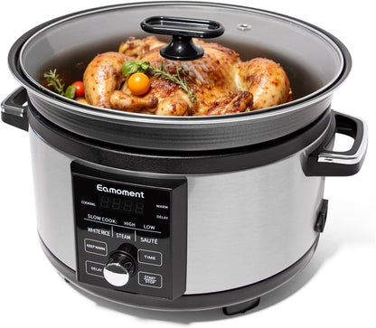 5.5QT Programmable Slow Cooker with Timer,Non Stick Aluminum Alloy Liner.Slow COOK HIGH/SLOW COOK LOW/WHITE Rice/Steam/Saute/Warm/Delay,And Other Practical Functions1