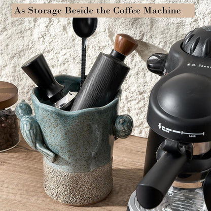 6.38“H Utensil Holder for Kitchen Counter, Modern Farmhouse Cooking Utensil Holder and Crock Home Kitchen Decor, Ceramic Utensil Organizer for Spatula, Ladle, Eggbeater, Rolling Pin- Blue and Brown9