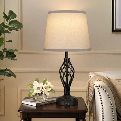 Touch Table Lamps Set of 2, Nightstand Lamp with USB Ports Bedside 3 Way Touch Dimmer Desk Lamp for Living Room Bedroom,Black Painted Spiral Cage Base Design Warm White Dimmer Bulbs Included.7