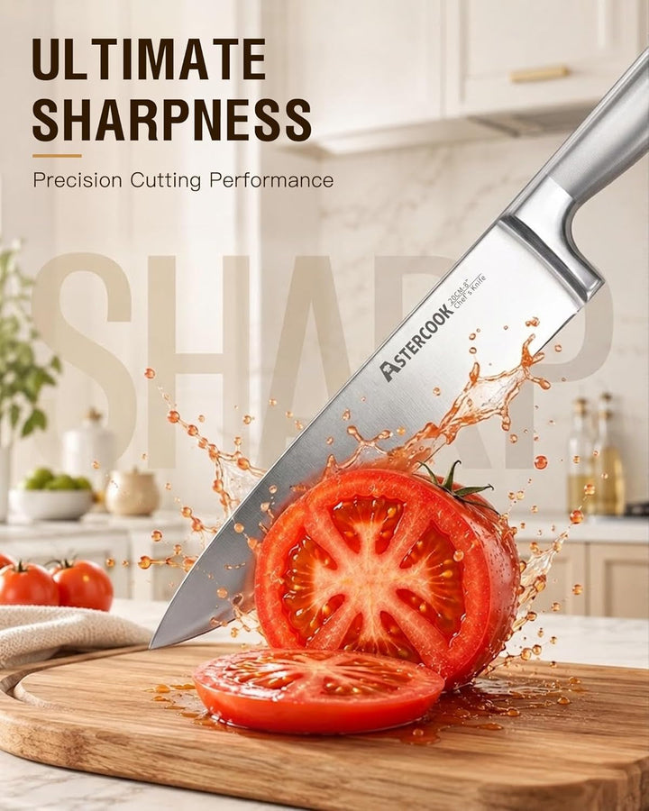 Knife Set 15 Piece German Steel Kitchen Knife Block Set | Wooden Block, Built-In Sharpener, One-Piece Design, Razor Sharp, Rust-Resistant, 6 Steak Knife, Full Tang, for Cooking & Gift+2