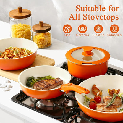 11Pcs Pots and Pans Set Non Stick, Nonstick Cookware Set Detachable Handle, Ceramic Pots for Cooking Non Stick with Removable Handle, RV Cookware Set for All Stoves, Orange Gradient4