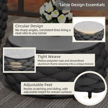 Round Coffee Table, Handwoven Rope Aluminum Outdoor Patio Table6