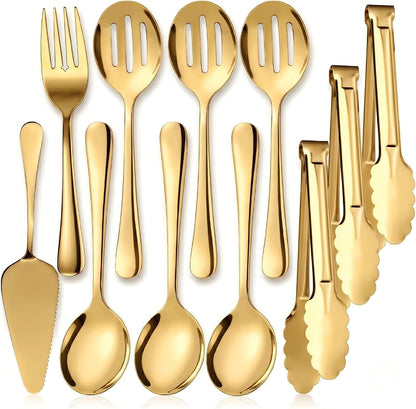 11PCS Stainless Steel Gold Serving Utensils, 8.7''Serving Spoons,8.7''Slotted Spoons, Serving Fork, 9'' Serving Tongs,Cake Server,Hostess Serving Set for Chafing Dish Buffet Catering Parties1