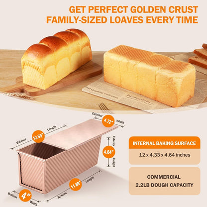 Pullman Loaf Pan with Lid, 13X4, Nonstick Sandwich Bread Loaf Pan | 2.2LB, Heavy Duty Carbon Steel Corrugated Toast Box with Cover for Homemade Sourdough Bread Baking, Bakeware, Bakers Gift2