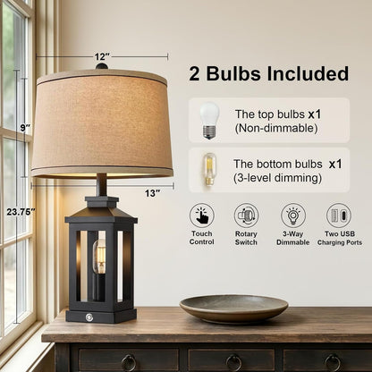 23.75" Retro Farmhouse Black Table Lamp for Living Room Bedroom Nightstand | Touch Control Bedside Nightlight Vintage Modern Lamp with USB C+A Ports and 2 Light Sources, Rustic Lamp, Bulbs Included4