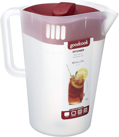 1 Gallon Pitcher with Embossed Measurements, Integrated Pour Spout & 4 Way Lid, Made without BPA, Clear/Red2