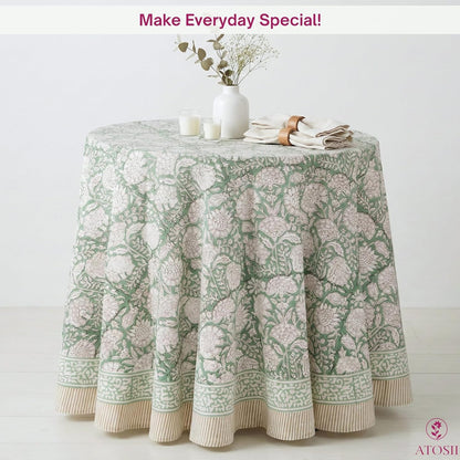 Jade 100% Cotton Boho round Tablecloth, Block Print Floral Table Cloth Linen for Dining, Parties, Weddings, Outdoors I Table Decor 90" Inches I5