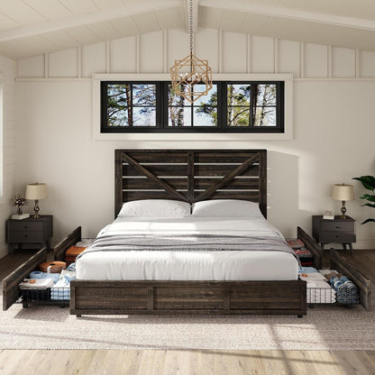 King Size Farmhouse Storage Bed Frame with Headboard & 4 Drawers4