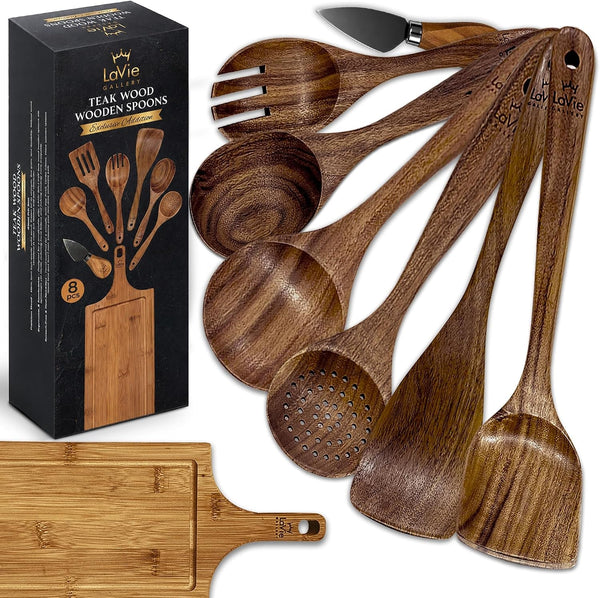 Wooden Spoons for Cooking, 8 Pcs Teak Wooden Kitchen Utensil Set, Teak Wooden Utensil Set, Wooden Cooking Utensils, Non Toxic Cooking Utensils with Knife and Bamboo Board1
