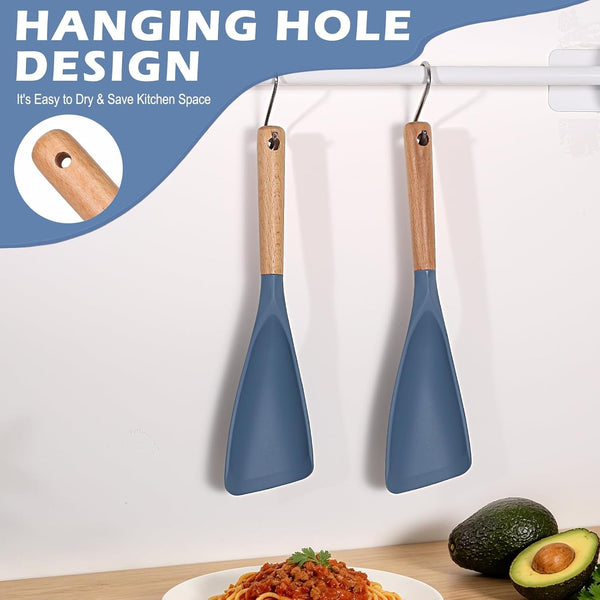 Cooking Spoon for Nonstick Cookwares, Multifunction Spatula Spoon, Great for Both Cooking and Serving, Wood Handle Spoon for Stirring, Mixing, Serving (2, BLUE)5