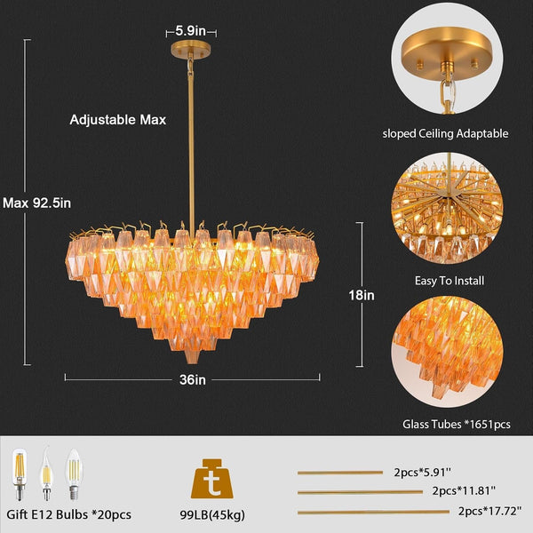 36" Modern round Amber Crystal Chandelier, 8-Tier Large Luxury Brass 20-Light Chandelier for Dining Room, High Ceiling Foyer & Staircase, Warm Golden Glow for Cozy Winter Nights3