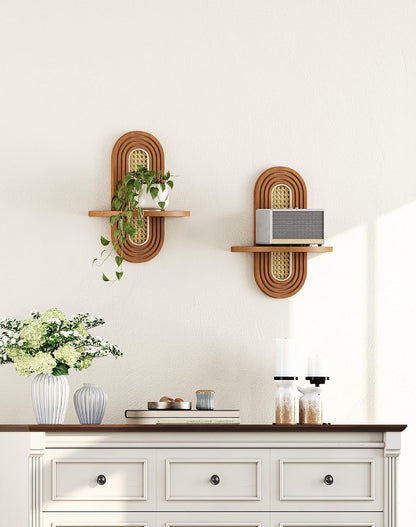 Floating Shelves for Wall, Boho Home Wall Decor,Rattan Plant Shelf Set of 2, Mid Century Small Decorative Shelf, Natural Wood Shelves for Living Room,Bedroom,House,Office (Walnut)7