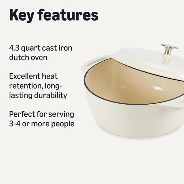Enameled Cast Iron Dutch Oven Pot with Lid, Round, Dual Handles, Heavy-Duty, Oven Safe for Stews, Roasting, Baking, 4.3-Quart, White2